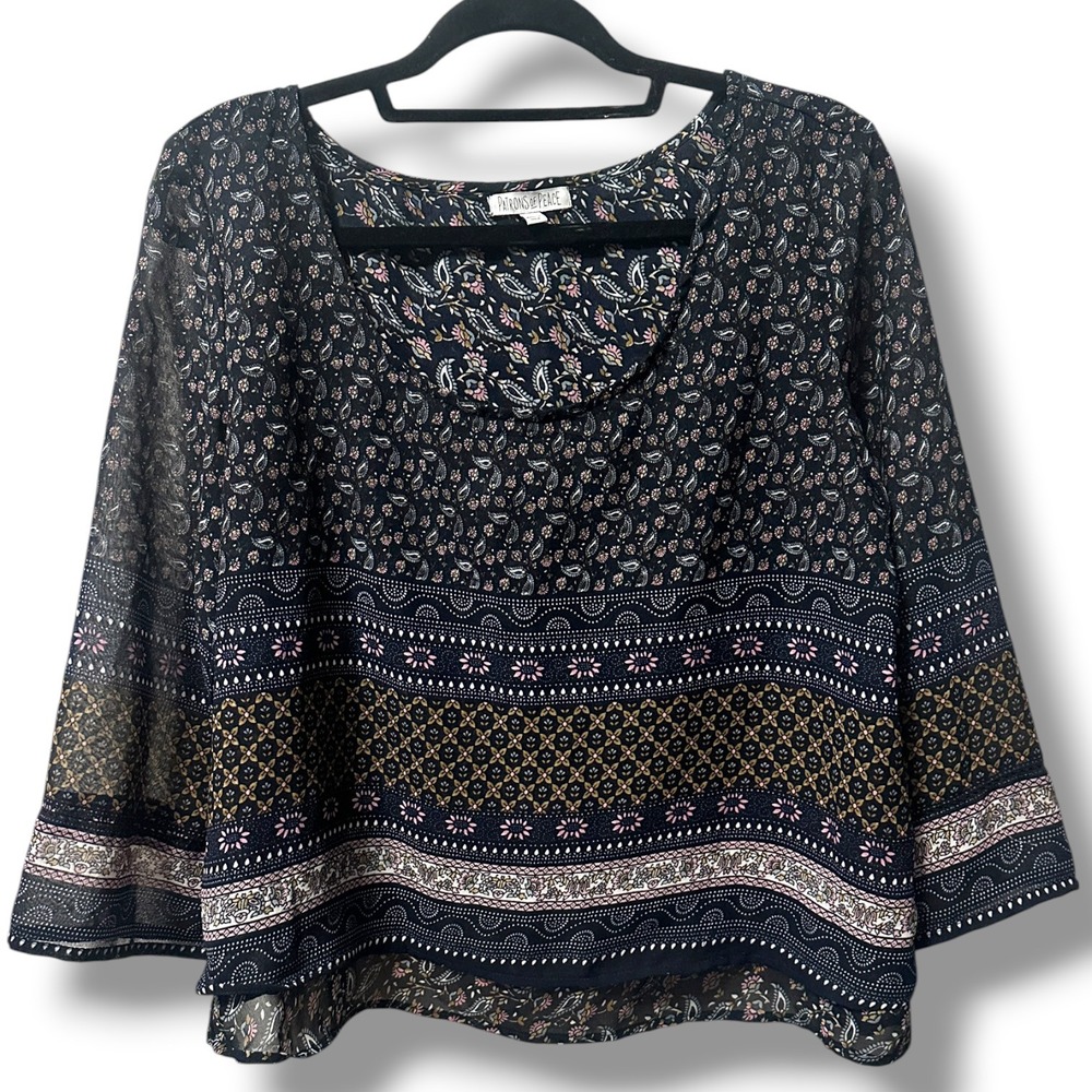 Patrons of Peace Navy Paisley Mixed Print Tulip Back Blouse Womens L Boho Hippie